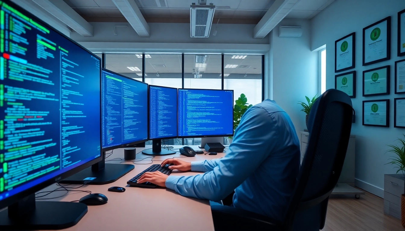 Cybersecurity-Analyst arbeitet konzentriert an mehreren Bildschirmen mit sicherheitsrelevanten Daten.