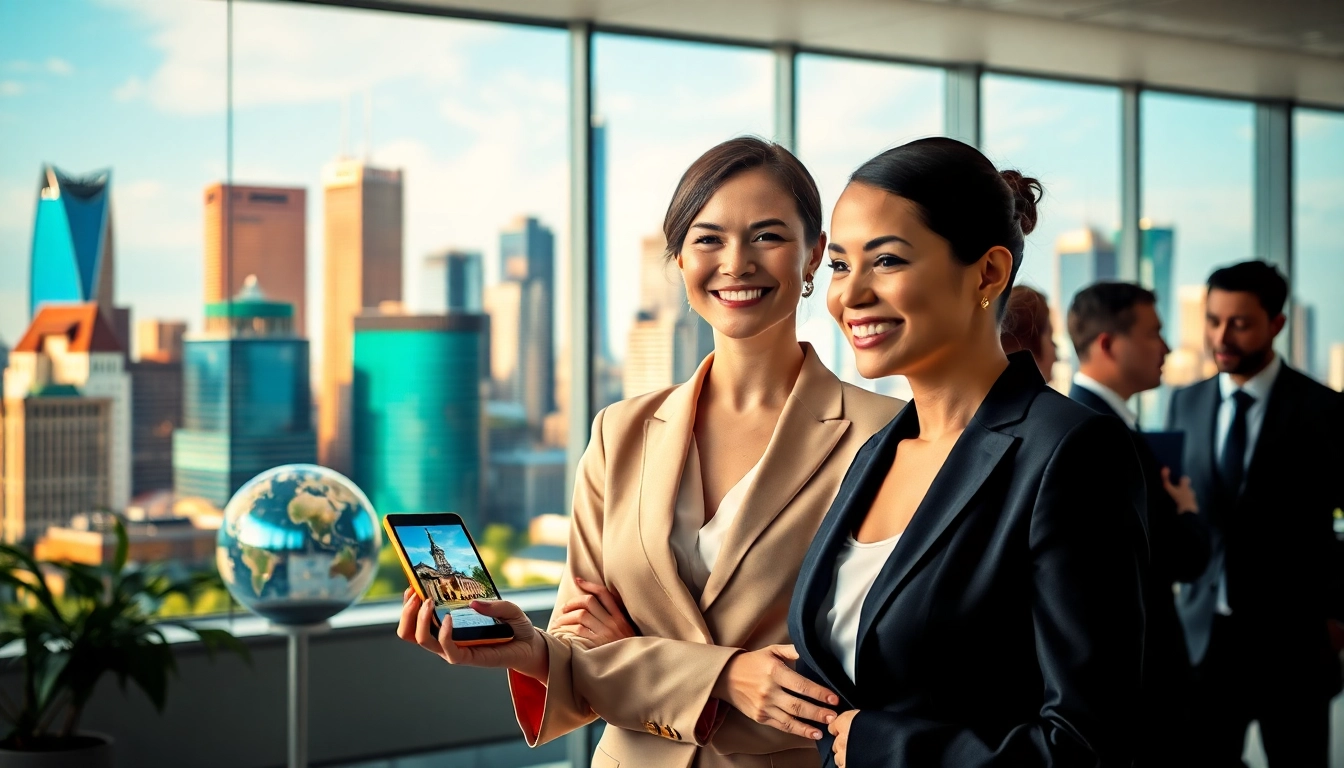 Engaging real estate international properties overview with vibrant urban backdrop and professional agent.