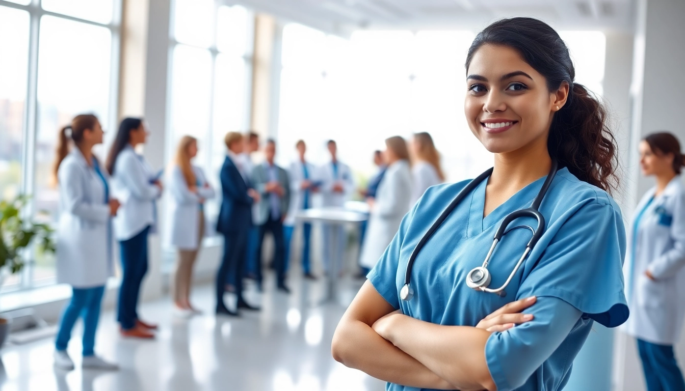 Alabama Board of Nursing dedicated nurse collaborating with healthcare team in a bright clinical setting.