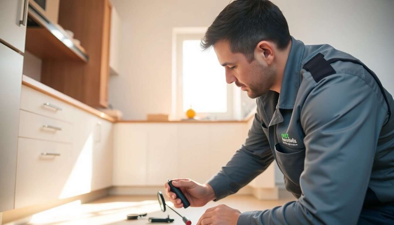 Engaging pest control Sydney professional inspecting a kitchen for pests, showcasing expertise and attention to detail.