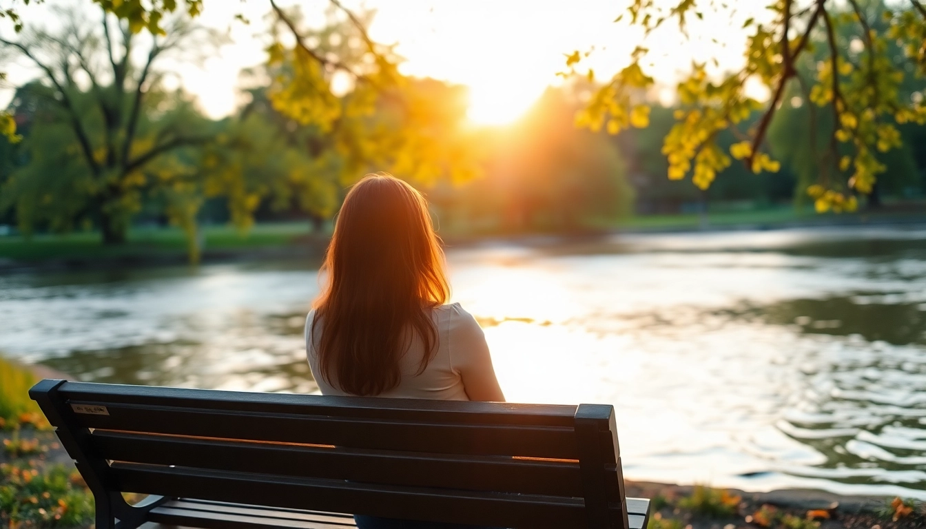 Woman reflecting at sunset while dealing with grief by a river.