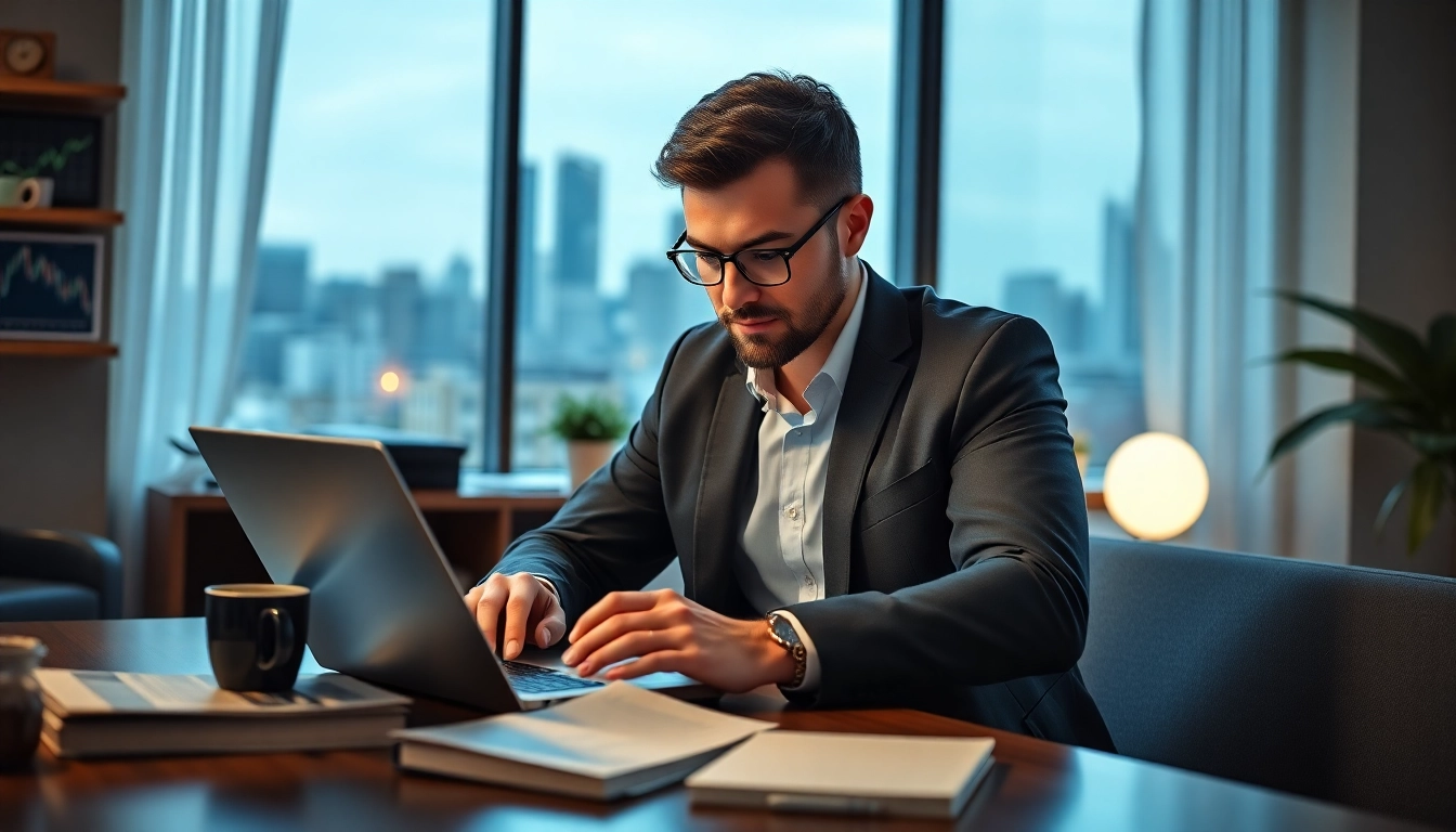 Trader utilizing sway markets on a laptop in a modern office setup.