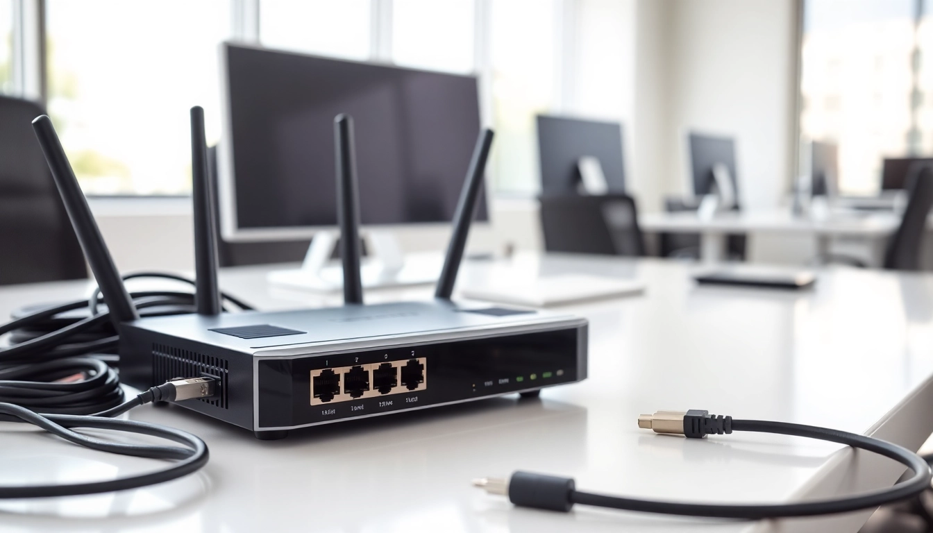 Mikrotik router showcased on a sleek desk, representing modern networking technology.