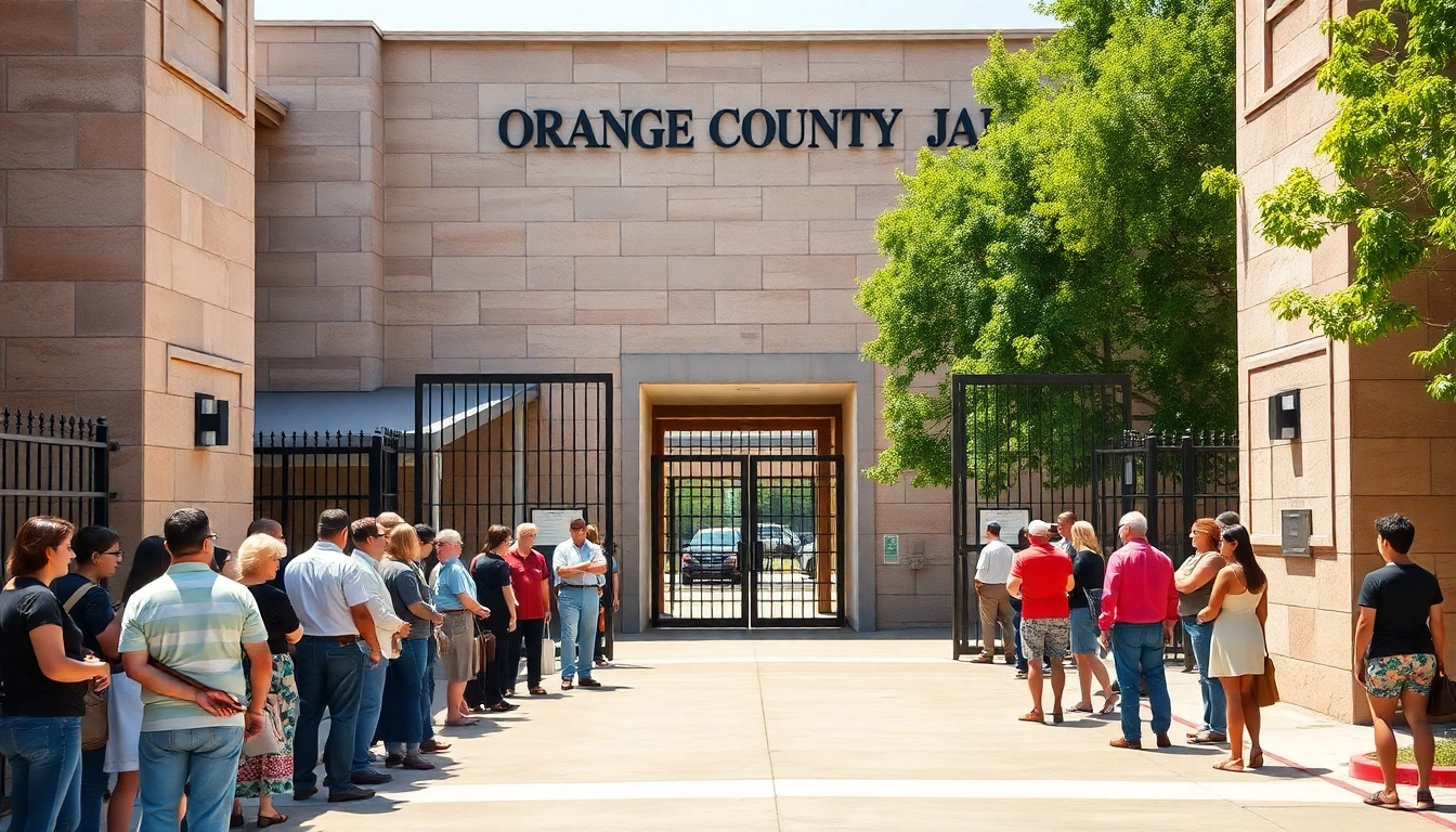 Explore the entrance of Orange County Jail, highlighting its imposing architecture and visitors conveying hope.