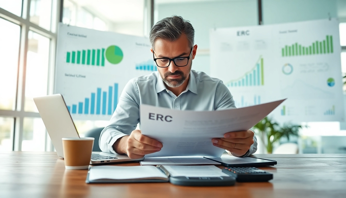 Analyze ERC benefits with financial consultant in a bright office environment.