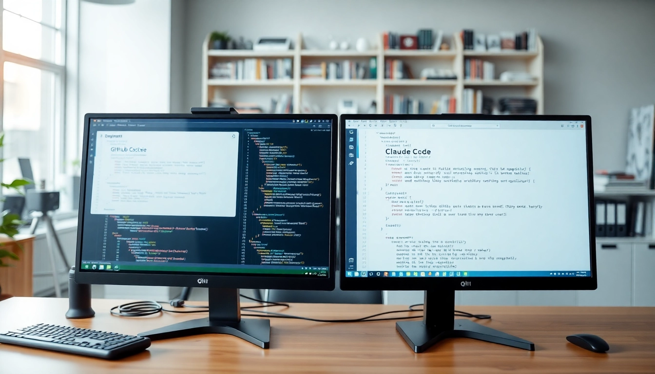 Compare GitHub Copilot vs Claude Code using sleek AI interfaces and coding suggestions.