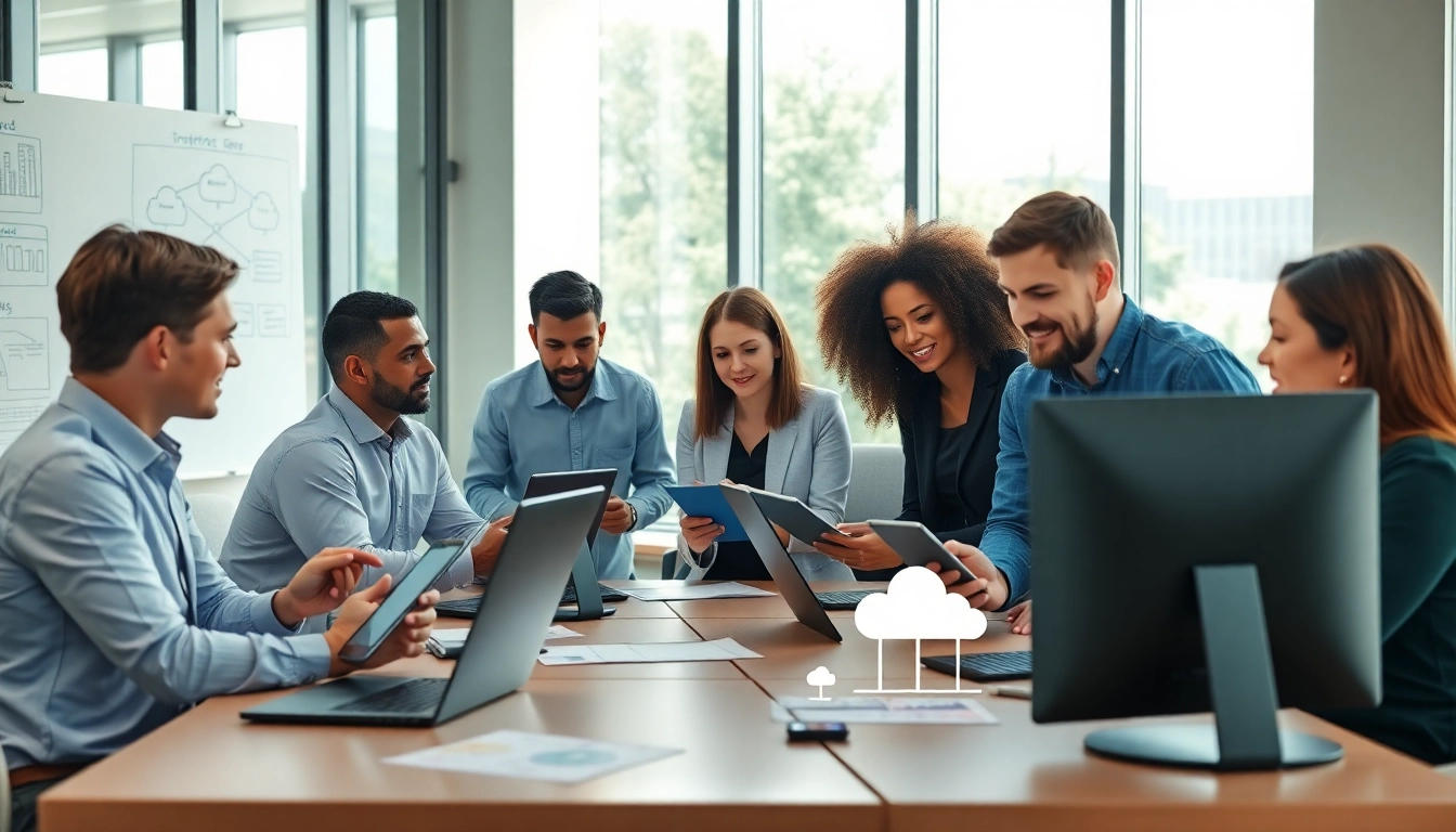 Team collaborating on cloud infrastructure and DevOps services in a modern office