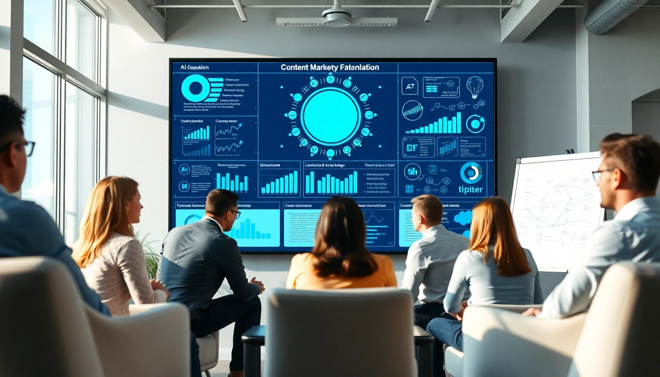 Engaging digital marketing team utilizing an AI content marketing platform to strategize.