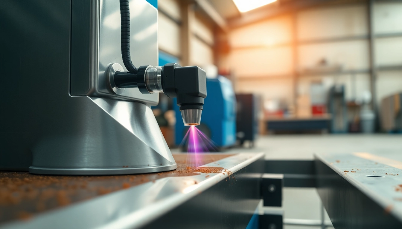 Laser cleaning machine effectively removing rust from metal surfaces in an industrial setting.