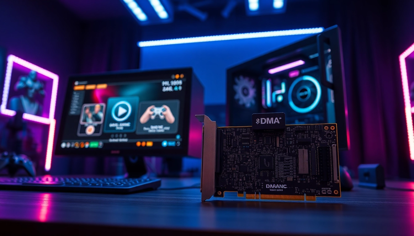 A high-tech gaming setup demonstrating dma cheats with two PCs and a glowing DMA card interface.