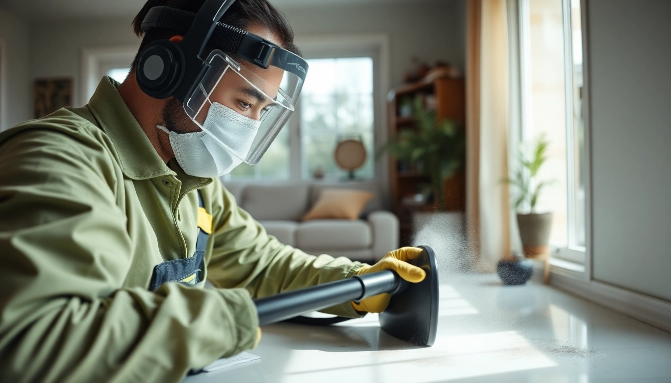 Mold removal technician disinfecting surfaces in a home setting, ensuring a mold-free environment.