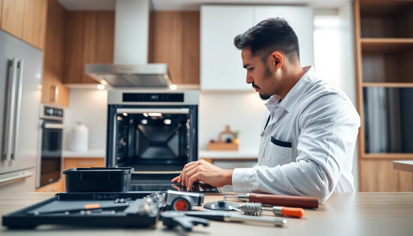 Technician conducting oven repair with precision in a modern kitchen setting.
