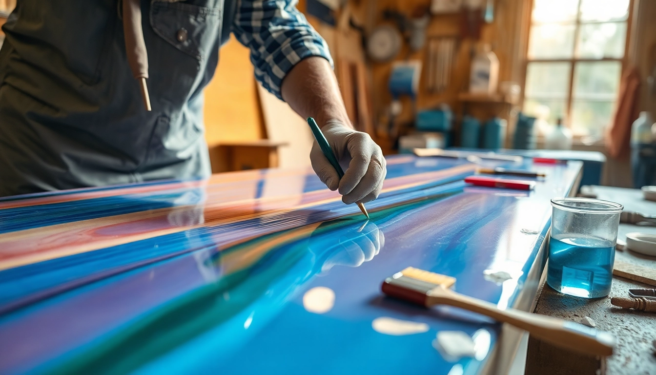 Laminating resin application shows a craftsman layering fiberglass in a workshop setting.