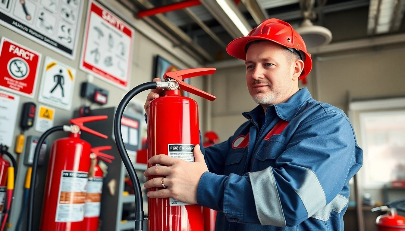 Fire extinguisher service technician conducting an inspection of fire safety equipment