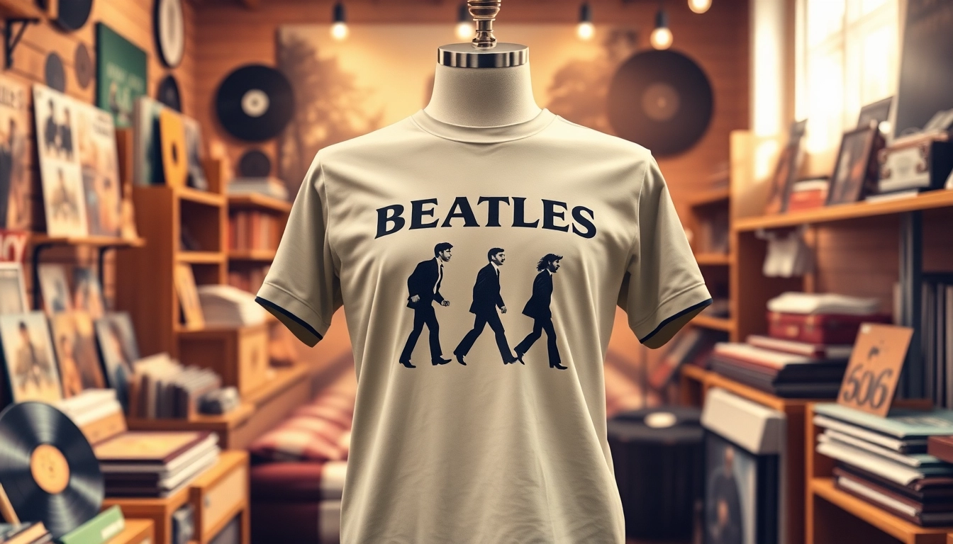 Showcase of beatles abbey road shirt on a mannequin with classic Beatles memorabilia in a cozy boutique setting.