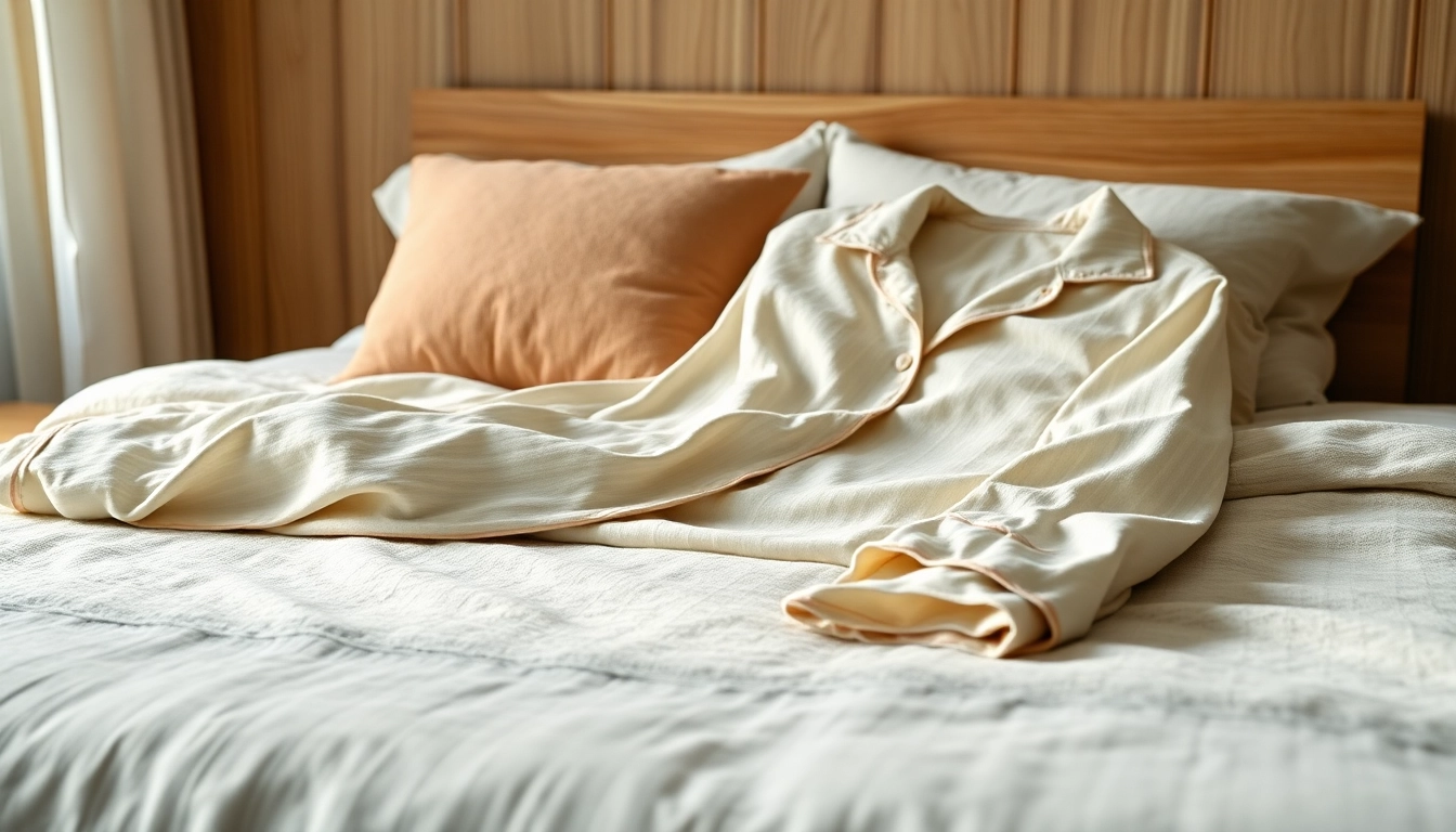 Elegant bamboo sleepwear set displayed on a soft bed, showcasing its luxurious texture.