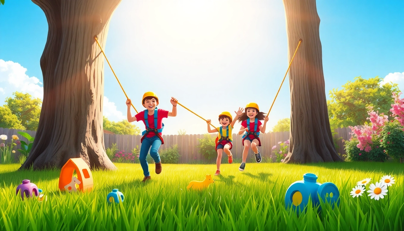 Children enjoying a safe and fun ride on a ZIP WIRE KIT in a vibrant backyard.