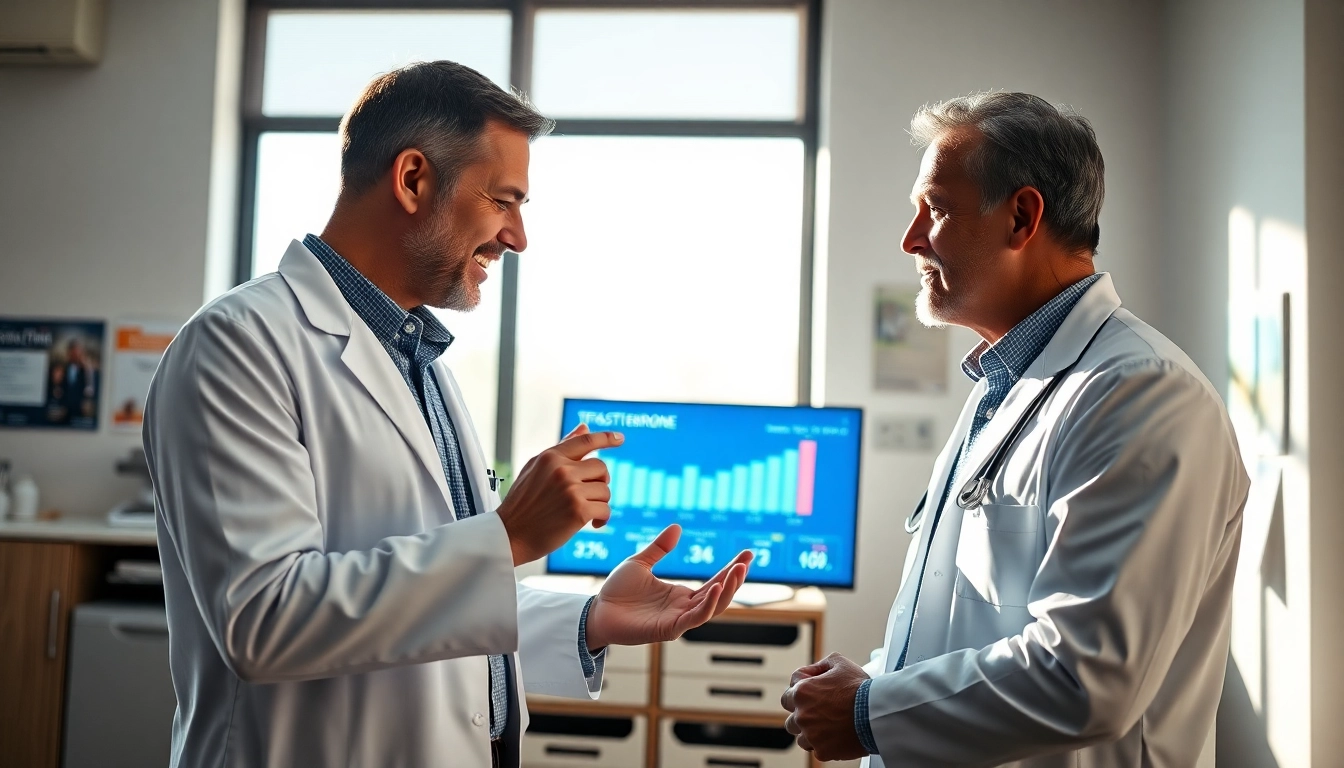Discussing Testosterone Replacement Therapy with a doctor in an inviting clinic setting.