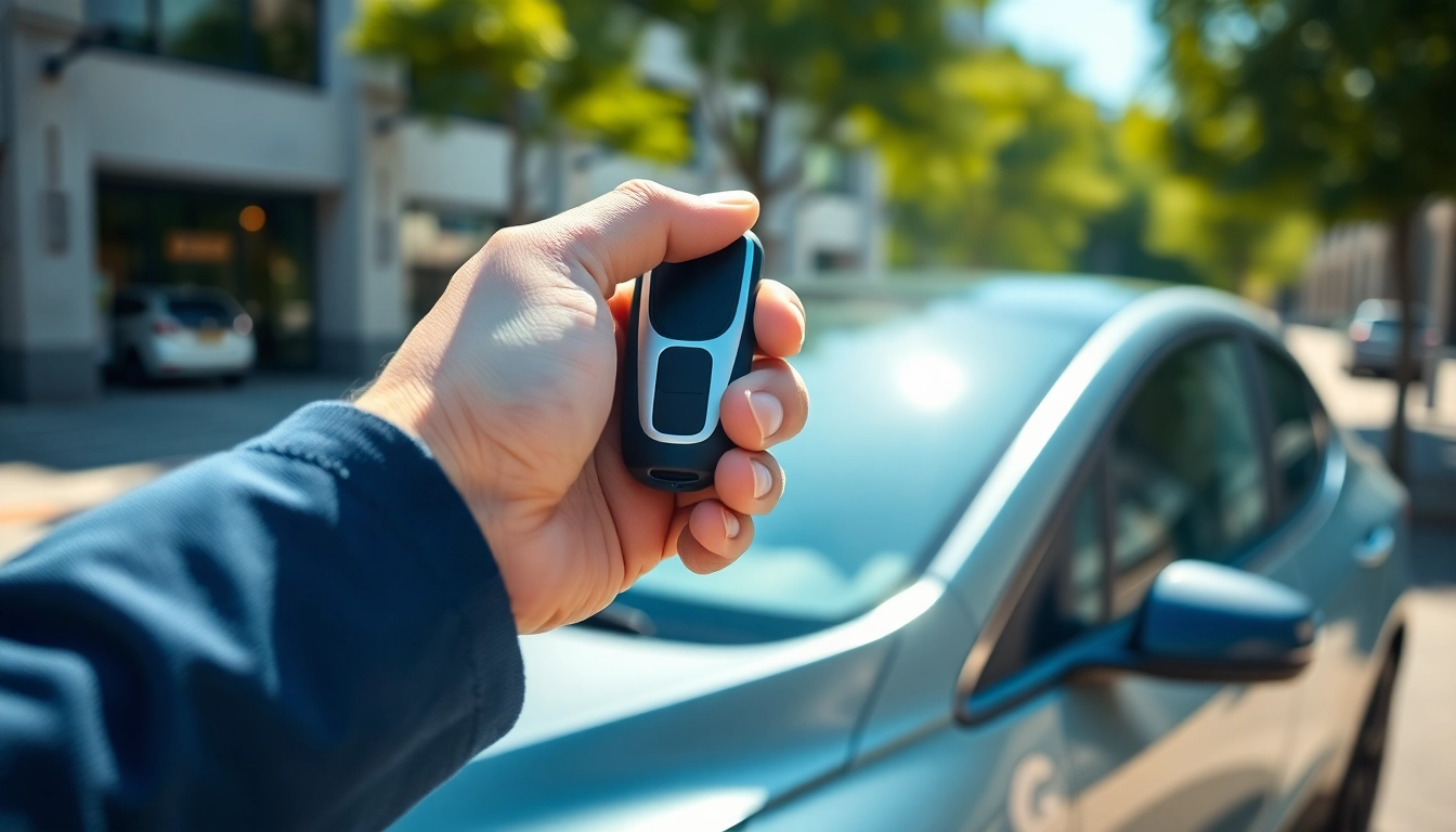 Showcasing innovative keys for electric cars held in hand against a modern electric vehicle backdrop.