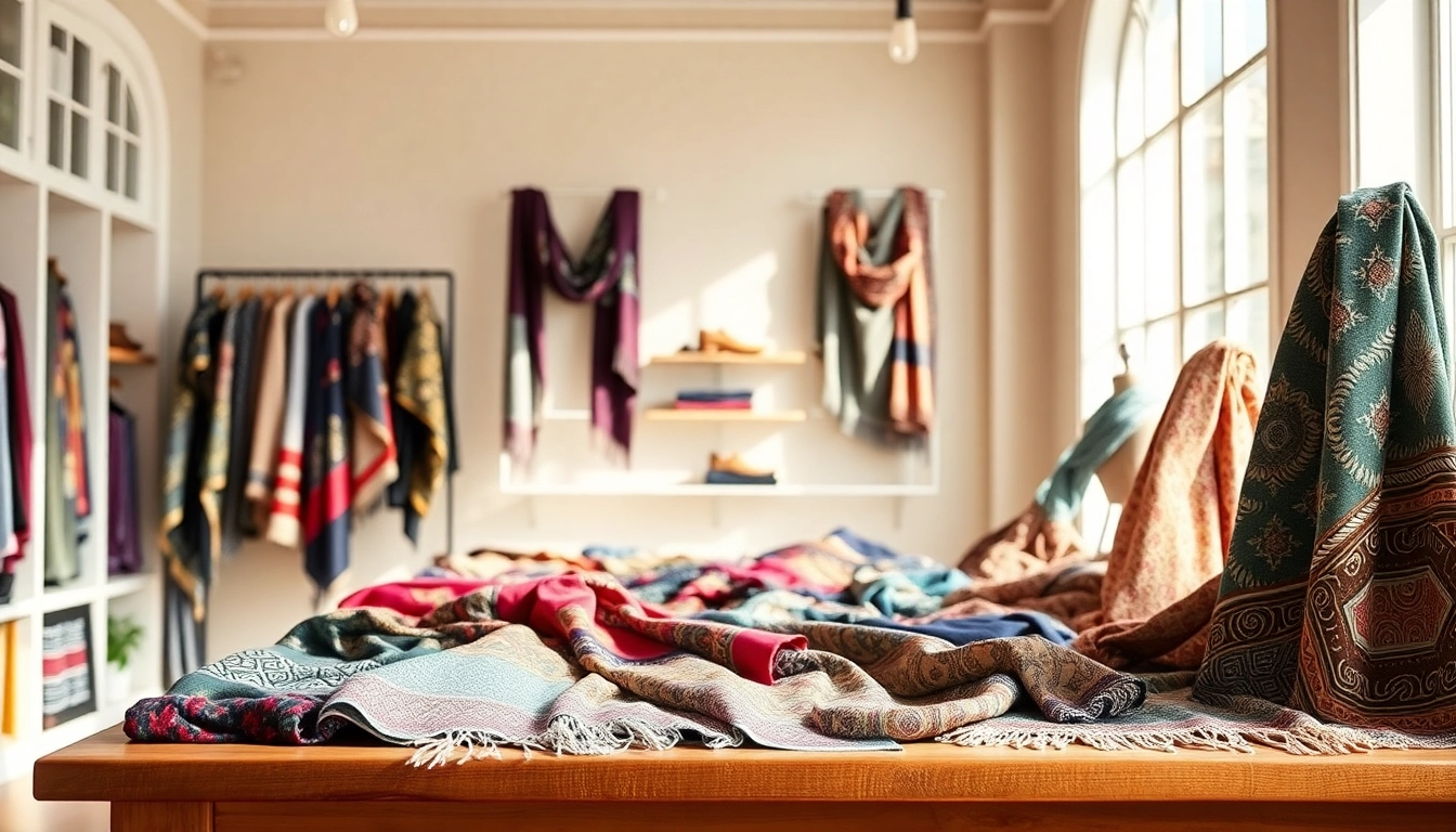 Showcasing various vela scarves in a bright boutique setting, highlighting their colors and textures.
