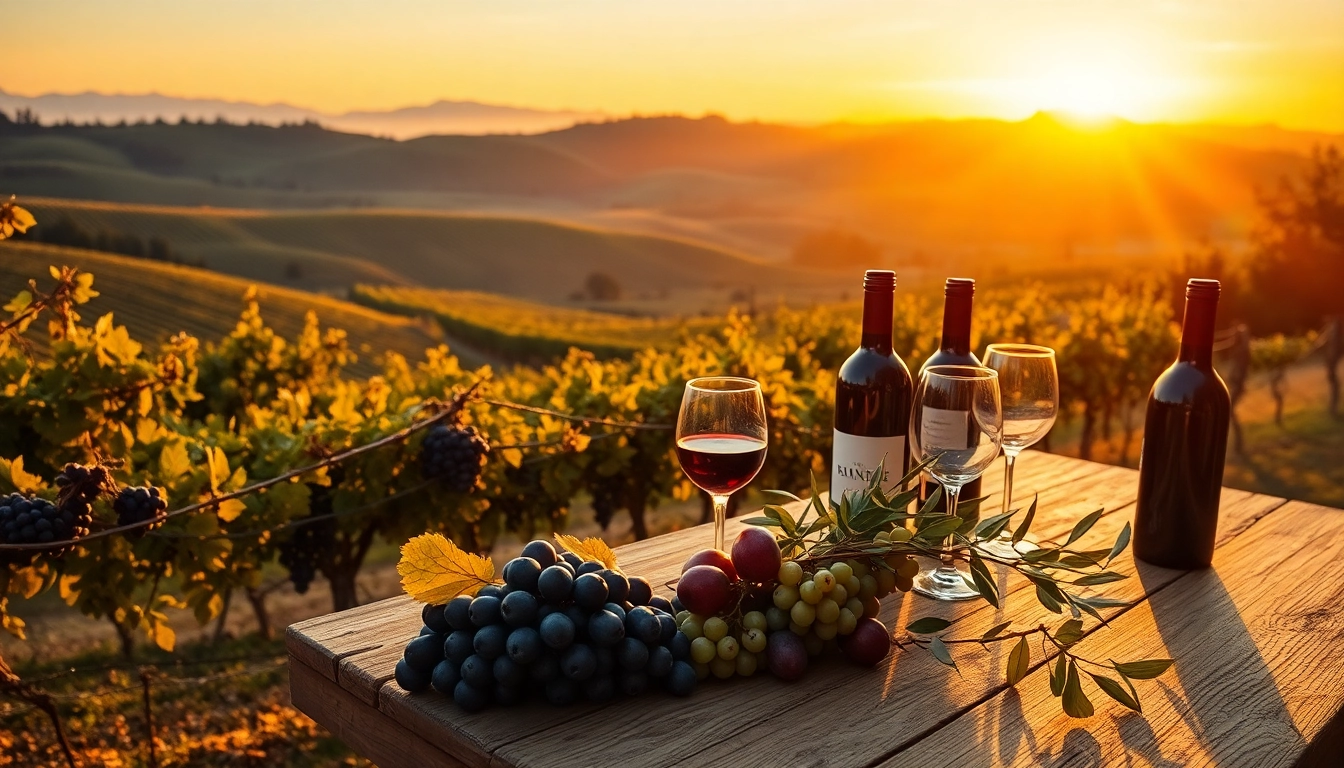 Enjoy exquisite wines at a serene Winery sacramento amidst lush vineyards at sunset.