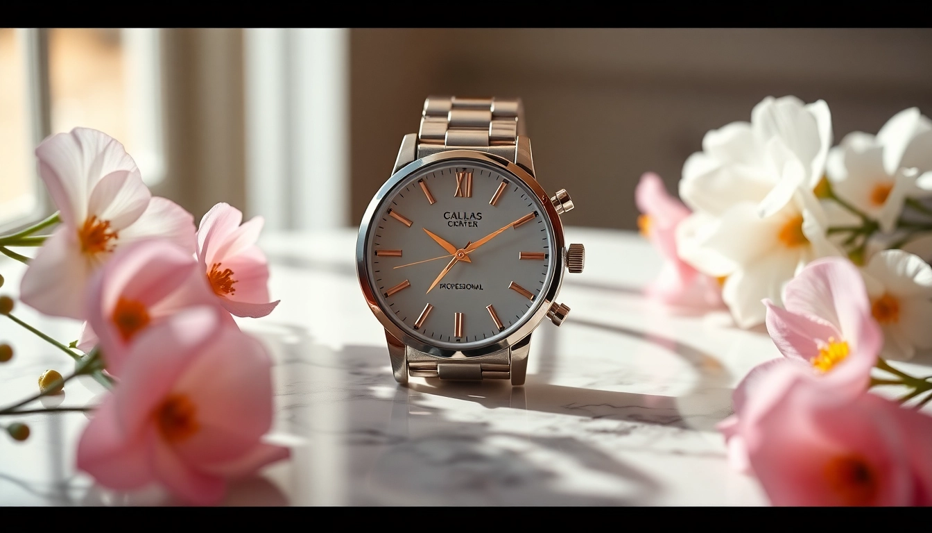Damen Armbanduhr elegant präsentiert auf einem marmorierten Hintergrund mit floralen Akzenten.