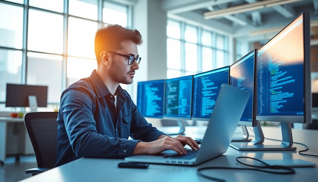 Developer working on web development in a bright modern office, showcasing coding tools and design interfaces.