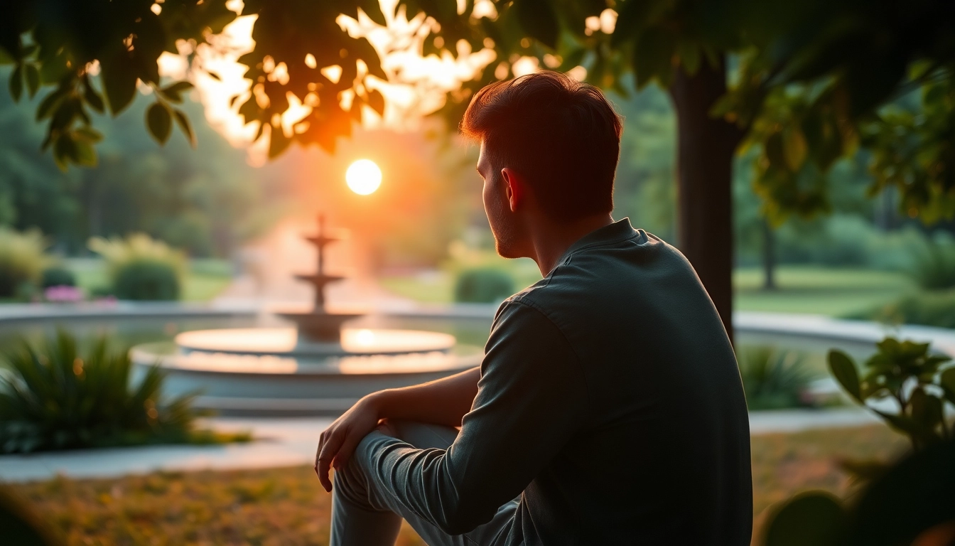 Individual reflecting during sunset, conveying feelings of dealing with grief in a serene park.