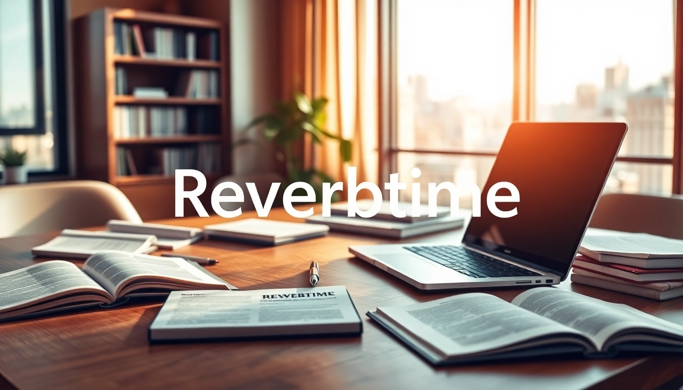 Showcasing the Reverbtime Magazine logo in a professional workspace with laptop and books.