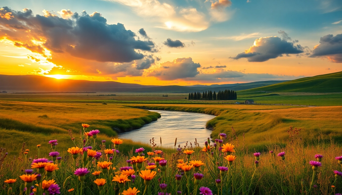 Experience the breathtaking prairies of Manitoba adorned with vibrant wildflowers under a stunning sunset.