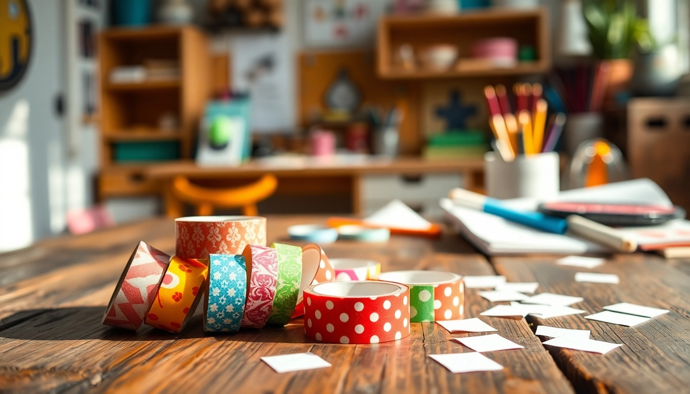 Decorative washi tape rolls displaying vibrant patterns for crafting projects.