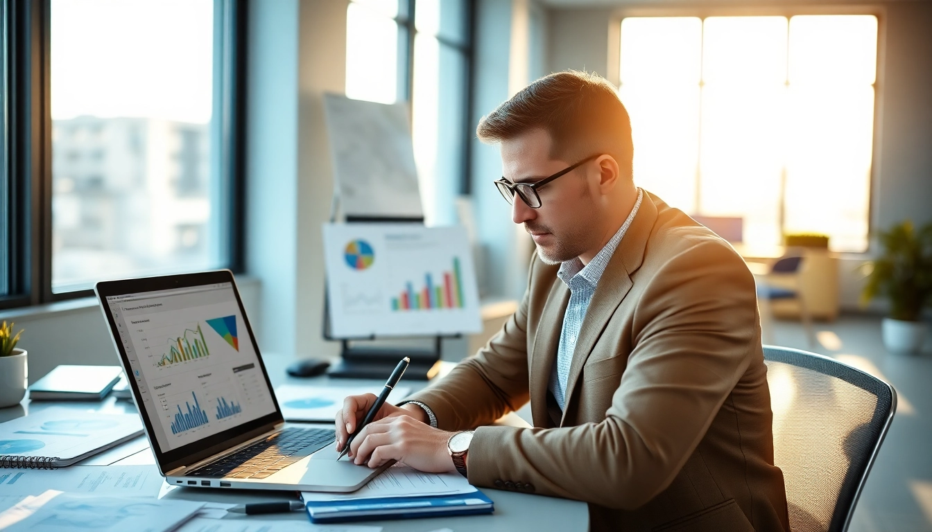 Freelance FP&A consultant analyzing financial data in a modern office environment.