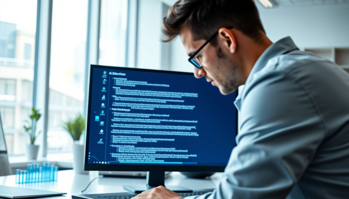 Analyze text with an innovative ai detector tool in a modern office setting.