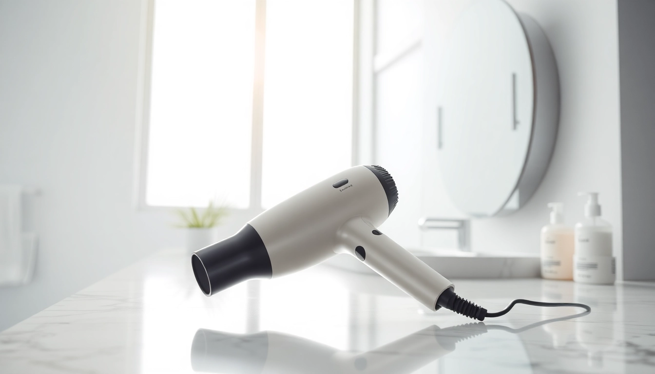 Using a Styler hair dryer on sleek hair in a bright bathroom