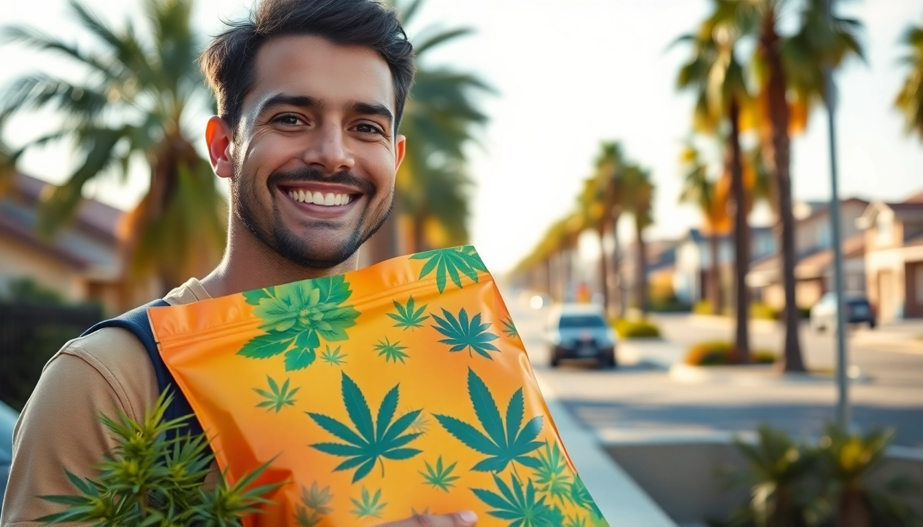 Citrus Heights cannabis delivery service showcasing a happy driver with a colorful cannabis package.