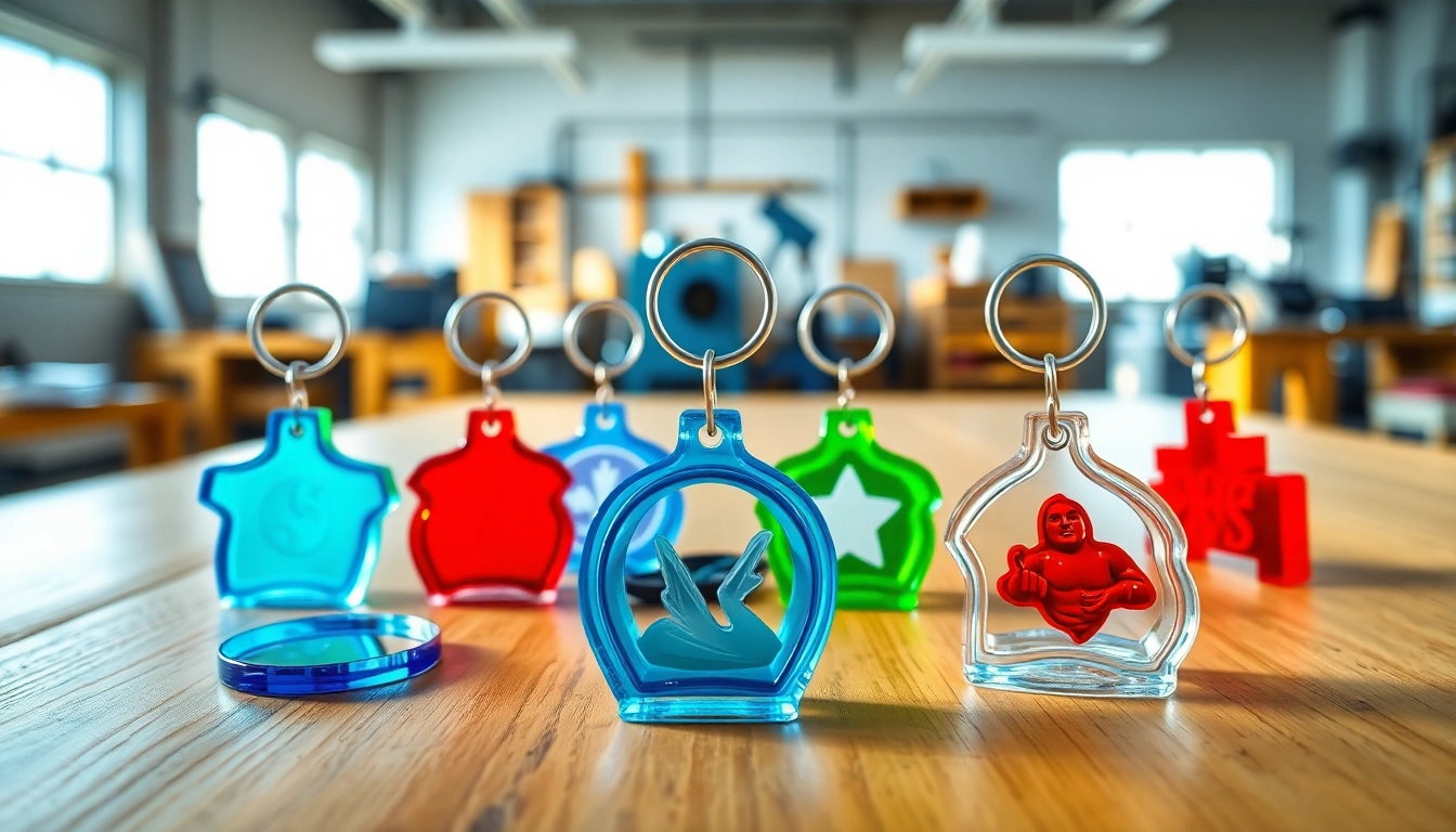 Acrylic keychain manufacturer showcasing vibrant custom keychains in a creative workshop setting.