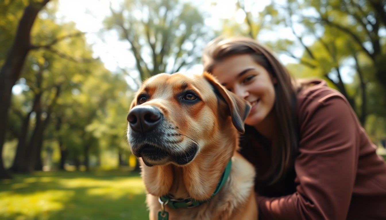 Supportive bond between PTSD service dogs for sale and their owners in a tranquil park.