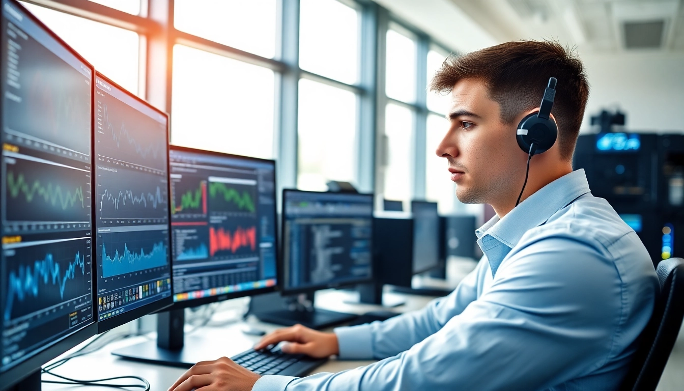 Providing Remote IT Support Markham in a modern office with multiple screens and a focused technician.