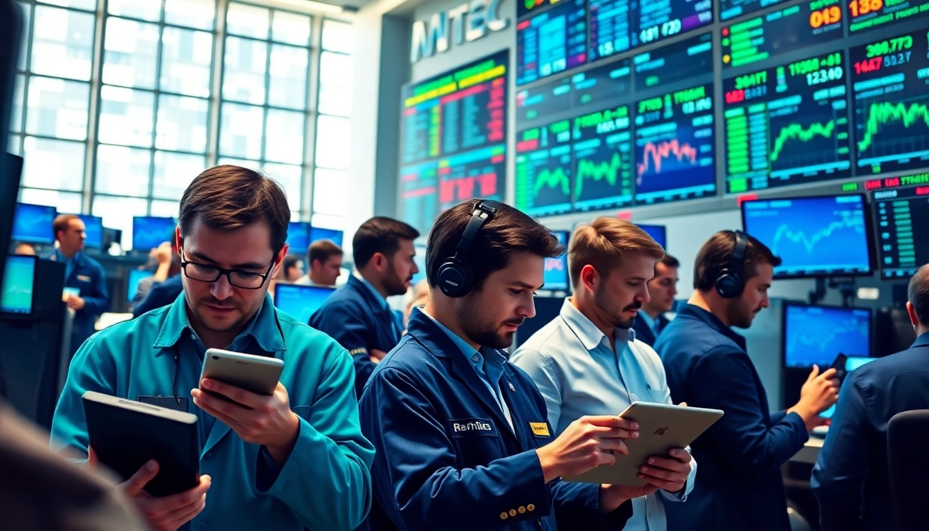 Retail traders analyzing market data on a busy trading floor while focused on screens.