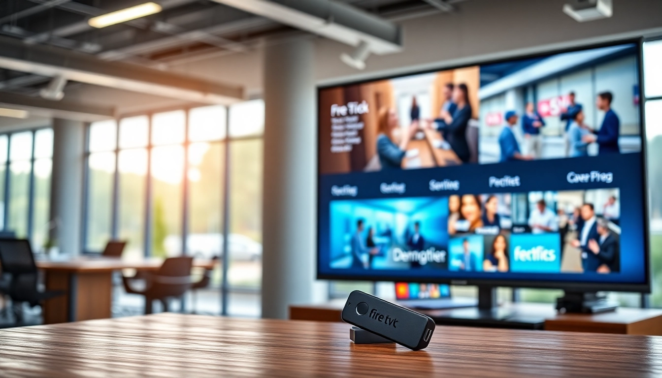 Showcase of the Fire TV digital signage app in a modern workspace environment.