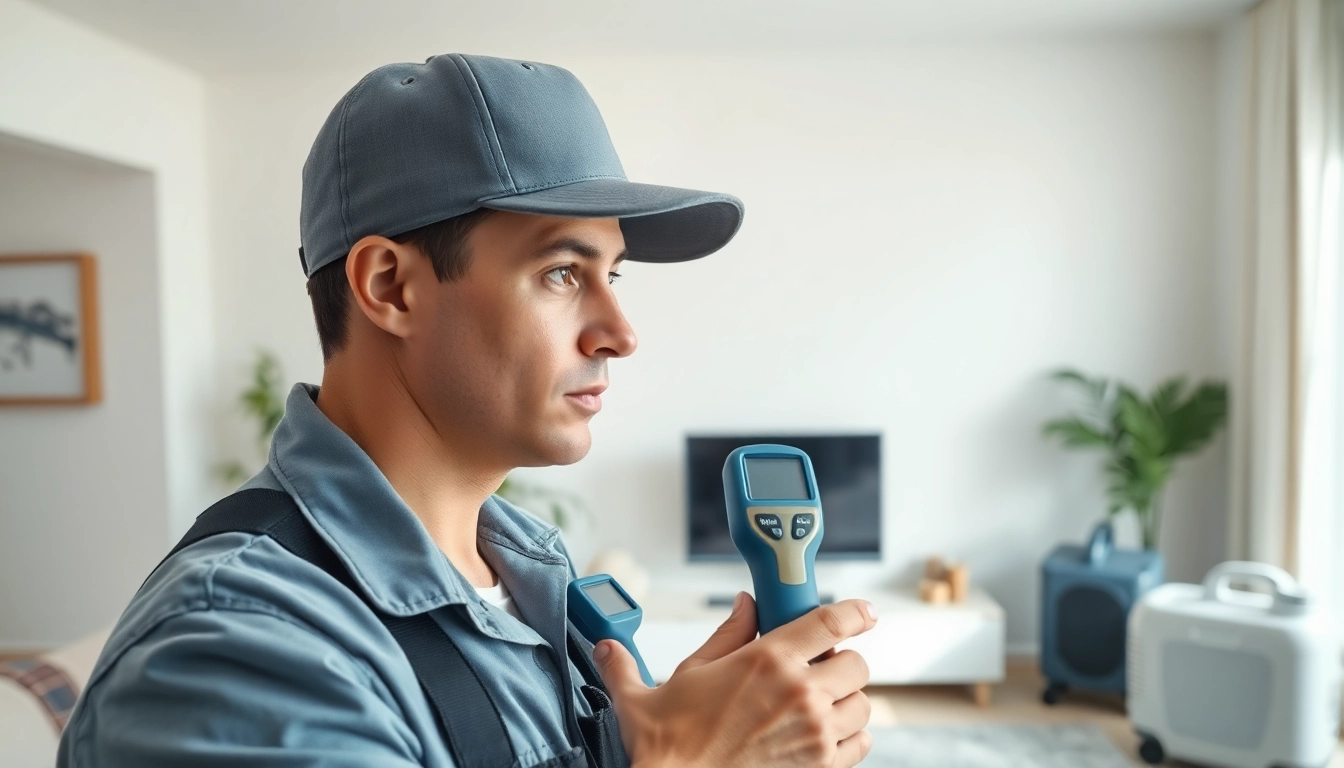 Inspector assessing water damage near me with tools in a modern setting.