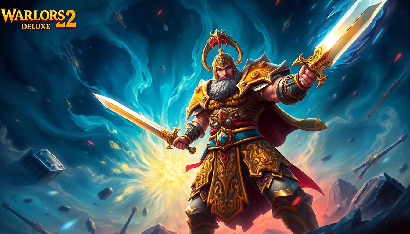 Download Warlords 2 with a heroic warrior ready for battle in a mystical setting.