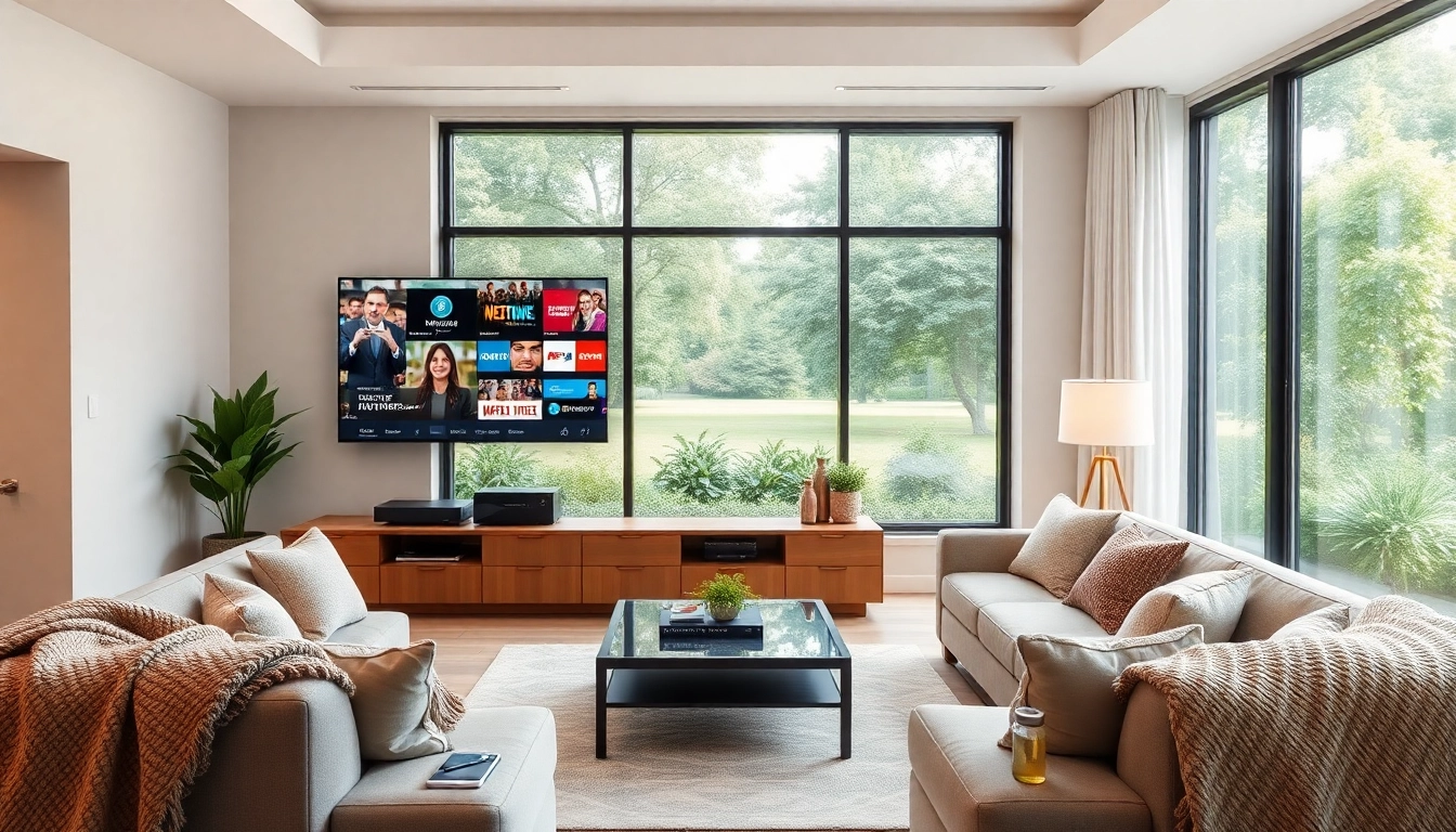 Regardez le meilleur iptv dans un salon moderne avec une atmosphère accueillante.