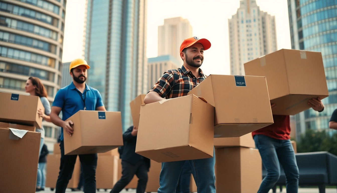 Streamlined movers efficiently handling boxes, representing Best movers nyc in a vibrant urban setting.