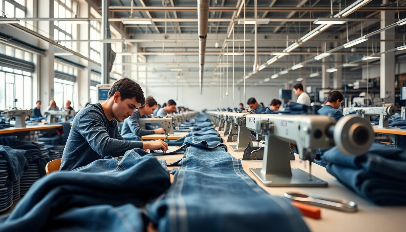 Skilled artisans craft high-quality jeans in a modern factory setting, exemplifying jeans manufacturers' expertise.