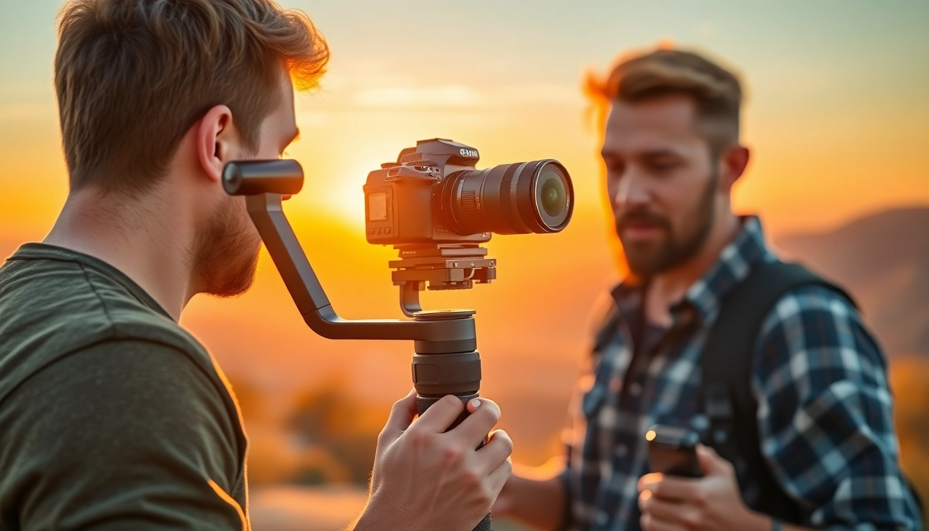Filmmaker using a gimbal camera​ for dynamic outdoor shooting in a vibrant landscape.