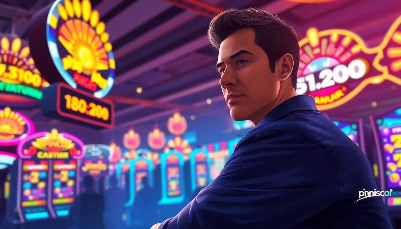 Engaged player navigating the Pinco Aviator game amid vibrant casino graphics and dramatic lighting.