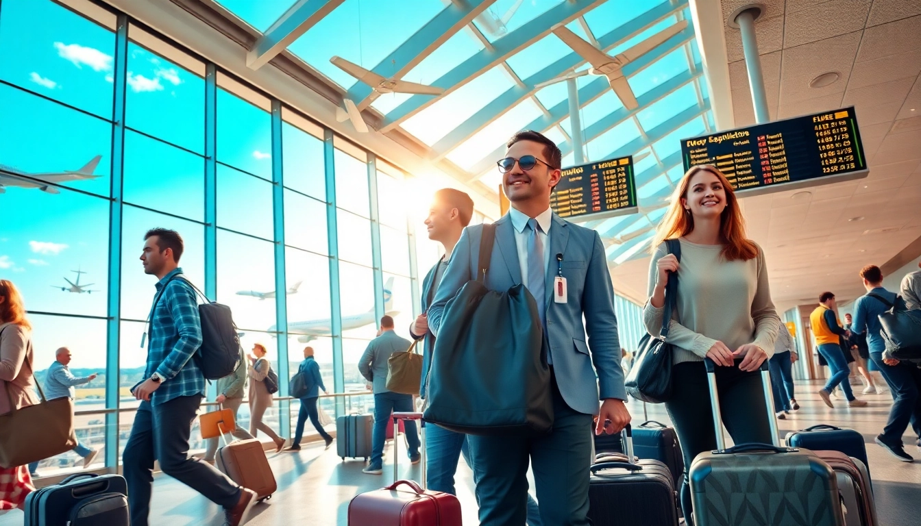 Find flights with busy travelers and planes at an airport setting.