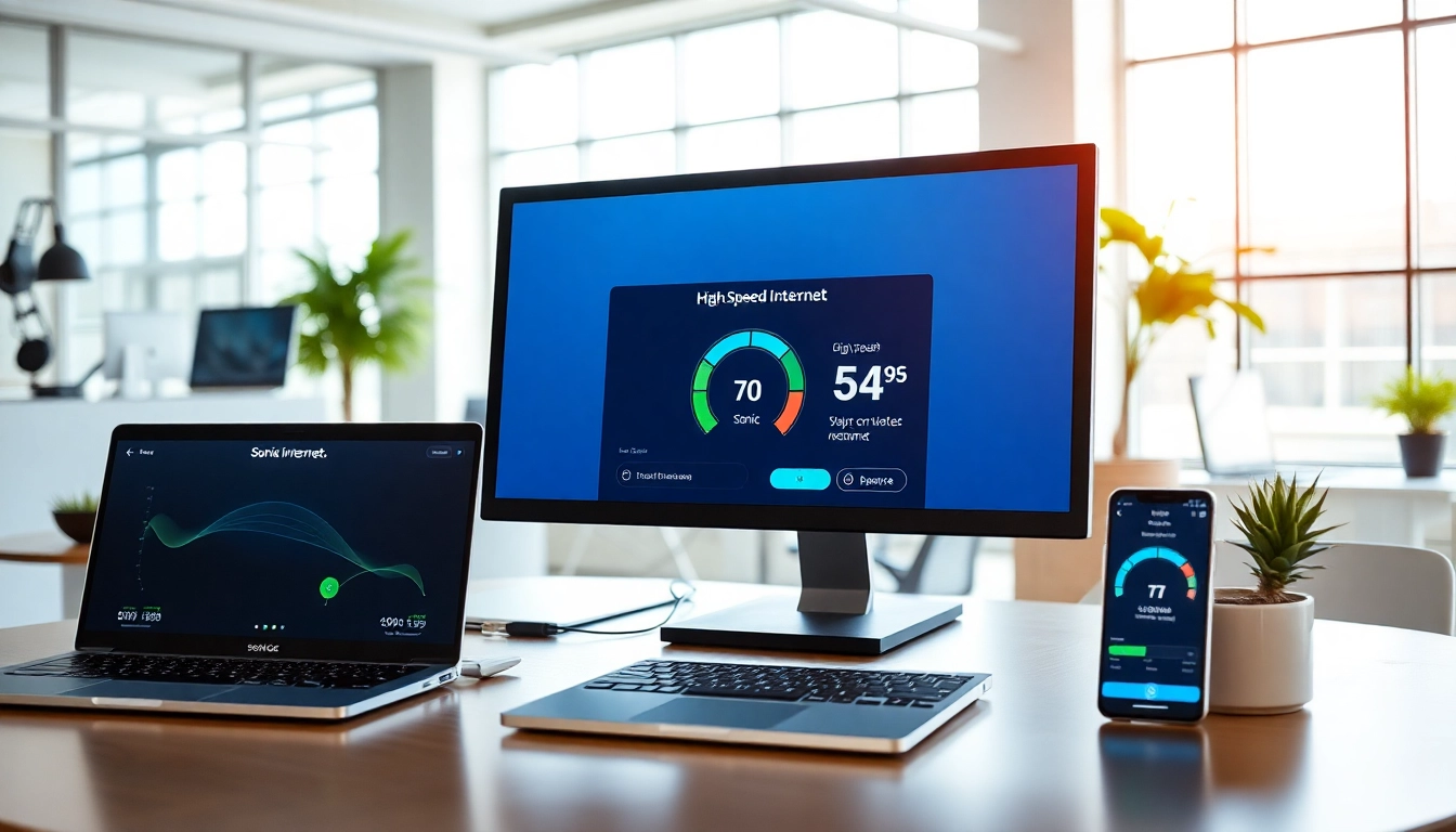 Experience sonic internet 2 months free with a modern workspace showing high-speed connections.