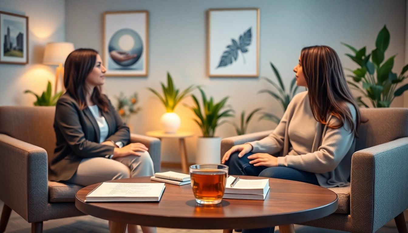 Supportive therapist discussing anxiety management with a client in a serene setting.